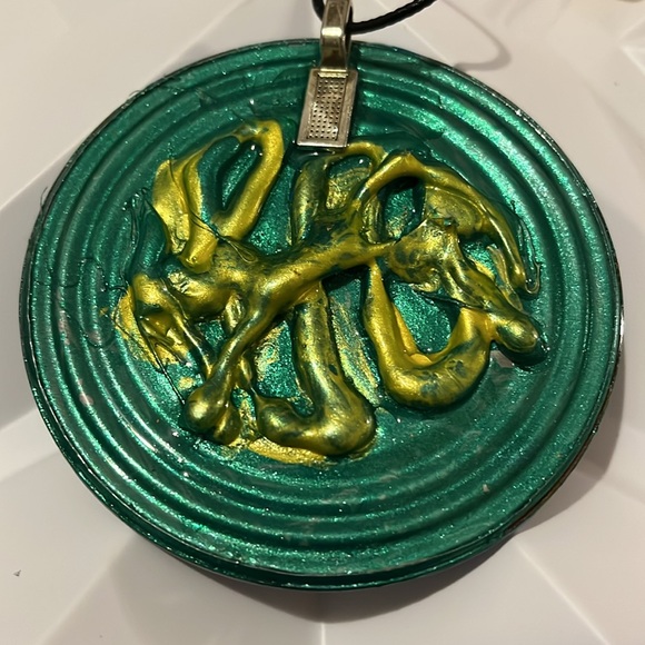 Reversible Artistic Circular Blue and Yellow Handmade Necklace - Picture 17 of 17